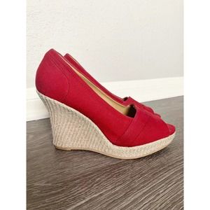 Qupid | Red Canvas Peep Toe Wedged Heels Size